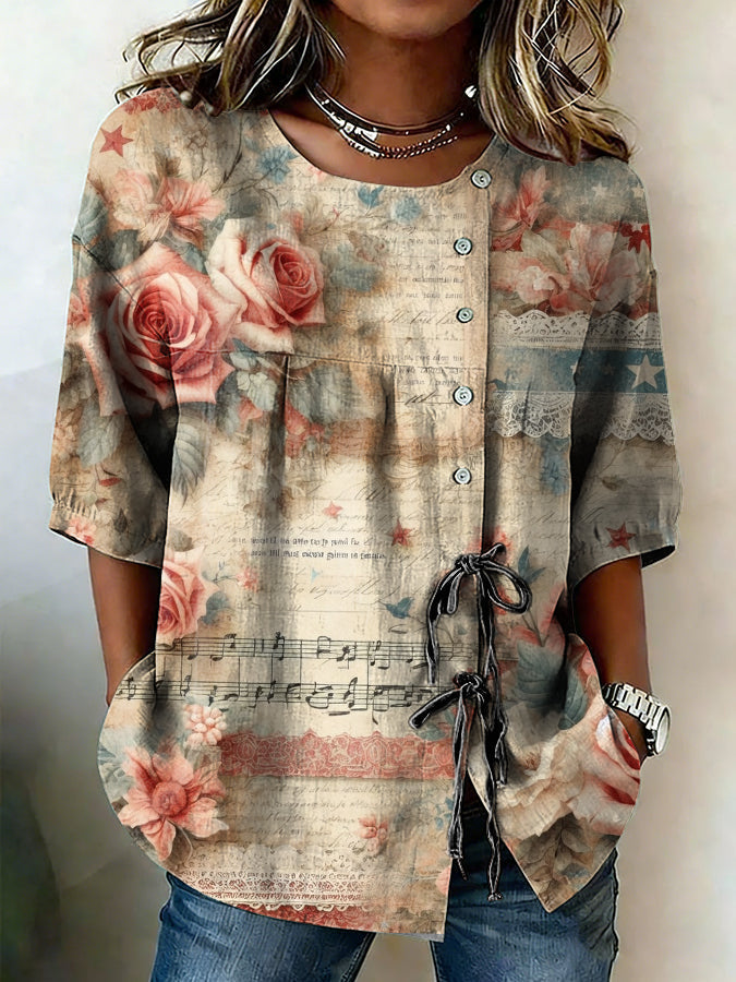 Women'S American Flag Printed Cotton And Linen Casual Top