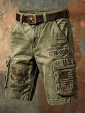 Men'S Retro American Independence Day Printed Workwear Shorts (Excluding Waistband)