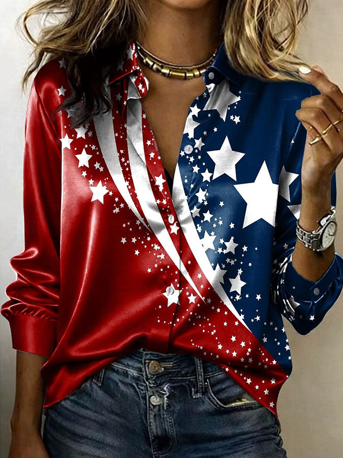 Women'S Casual Independence Day 250Th Anniversary Celebration American Satin Pearl Collar Shirt