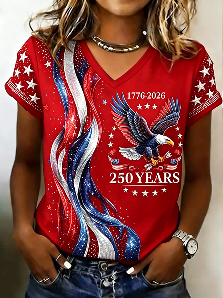 Vintage Text Letters V Neck Short Sleeve T-shirt