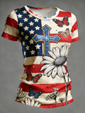 Women's Patriotic American Flag&Cross Daisy&Butterfly Casual Rhinestone Printed T-Shirt