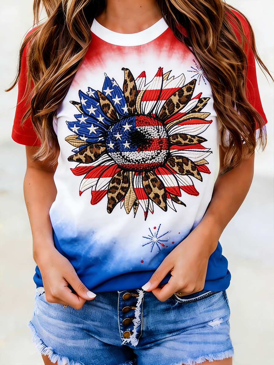 Women's 250th Anniversary USA Sunflower Flag Embroidered Printed Casual T-shirt