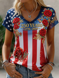 Women's 250 Years 1776-2026 Rose Embroidered American Flag V-Neck T-Shirt