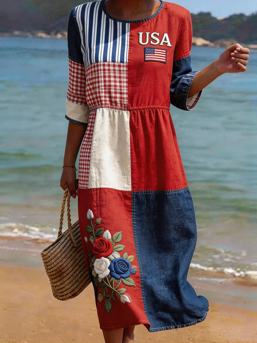 Women's USA Inspired Floral Embroidery Pattern Linen Blend Dress – savebigwear