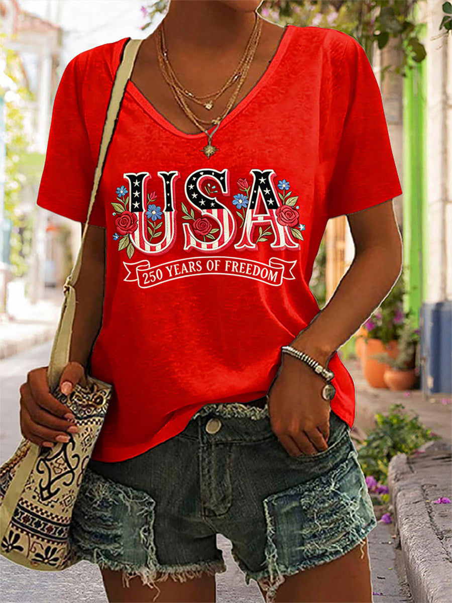 Women's USA Flower V-neck T-shirt