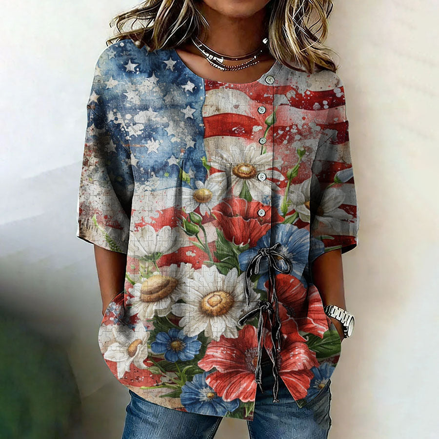 Women'S American Flag Printed Cotton And Linen Casual Top