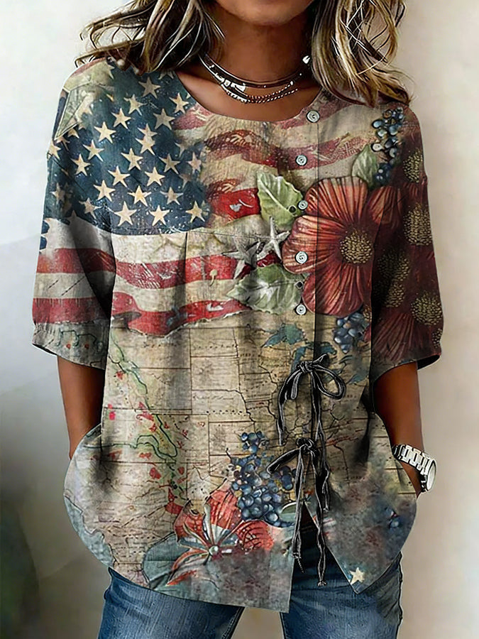 Women'S American Flag Printed Cotton And Linen Casual Top