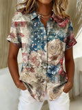 Women'S Independence Day Patriotic American Flag 250Th Anniversary Button Short Sleeve Shirt