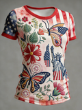 Women's Patriotic Statue Of Liberty & Butterfly Embroidered T-Shirt