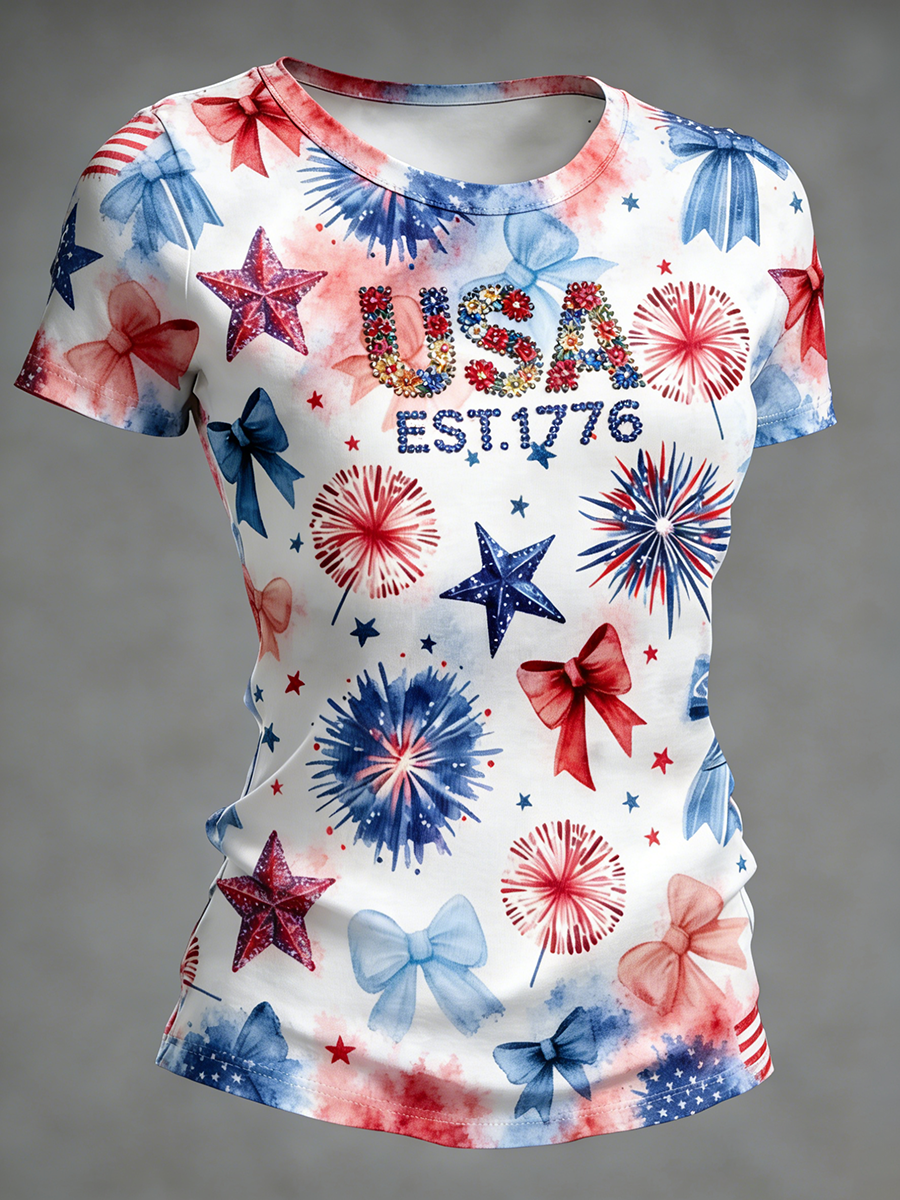 Women's USA EST.1776 Fireworks & Bow Rhinestone Patriotic Print T-Shirt