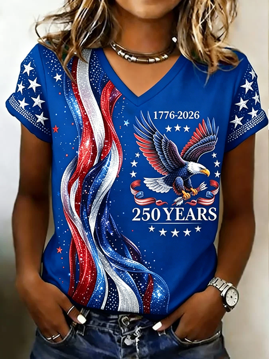 Vintage Text Letters V Neck Short Sleeve T-shirt