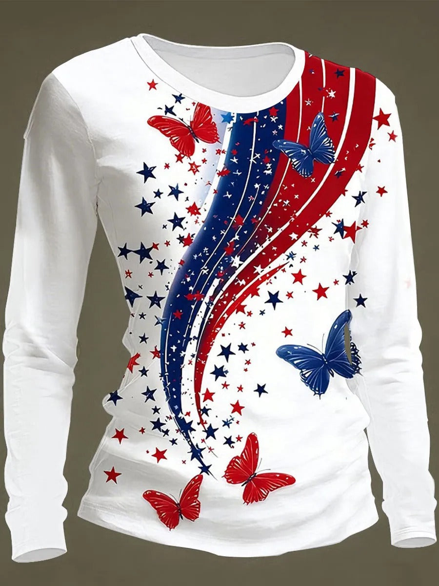 Ladies' casual 250th anniversary celebration of the founding of the United States, round neck long sleeved T-shirt